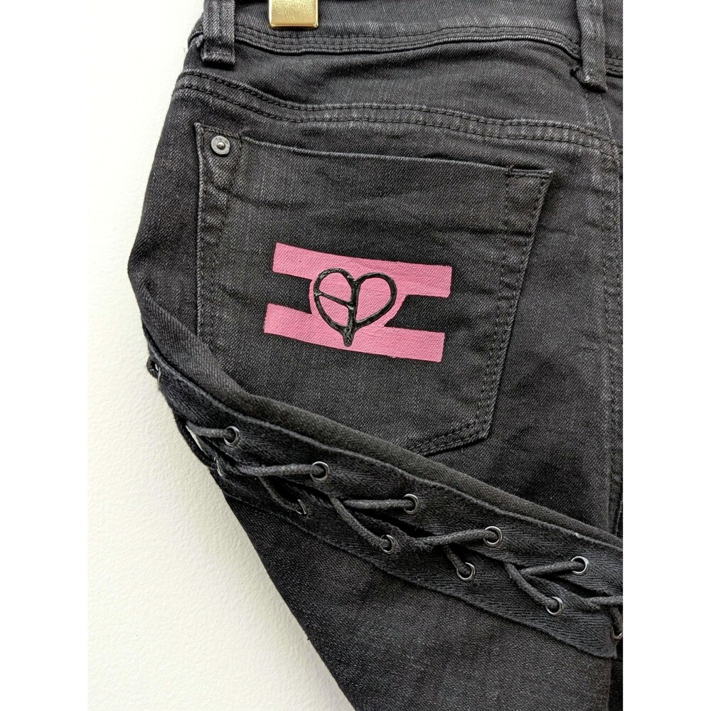 Black & Pink heart Upcycled skinny Jeans, Hand-Painted Fan Art, Lace-Up Size 5